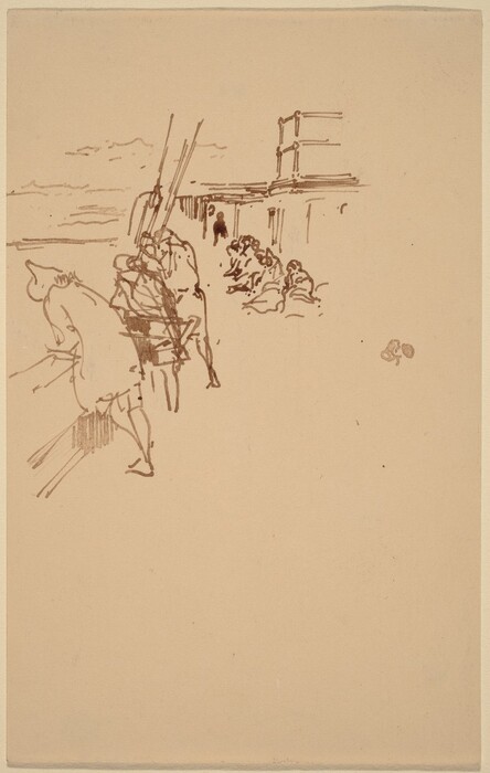 The image depicts figures near a structure with poles, potentially on a ship deck. The drawing uses minimalistic and loose lines to outline the forms of a group of figures leaning towards a railing or edge. The structure may be a building or part of a ship. The lines are sparse, focusing on movement and form rather than detail, creating a sense of simplicity and fluidity in the scene.