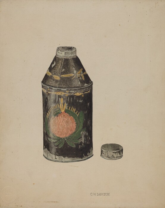 The image shows a large metal canister with a decorative pattern of a pinkish-red flower with green leaves painted on its side, along with a separate lid placed to the lower right. The color palette includes black, earthy green, pinkish-red, and hints of yellow on the canister against a beige background.