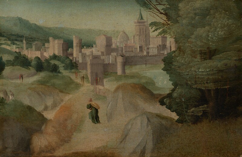 A person walks across a rocky path with a fortified, wall-enclosed town in the distance in this horizontal painting. The person wears a dark green robe and pink hood or cap, carries a yellow sack slung over one shoulder, and uses a walking stick. Boulders surge to either side of the path, and leafy green trees grow up the right side of the composition. Several swans float on a lake just beyond the trees. Painted in shades of gray, a person rides a camel just beyond a boulder to the left. Other forms painted with thin strokes of red or black could be people walking through the landscape in the distance. A city gate, the walls, and some of the buildings have crenelations. Trees nestle between hills that roll back to hazy, sage-green mountains along the horizon, which almost reaches the top edge of the painting. The sky above is muted blue.
