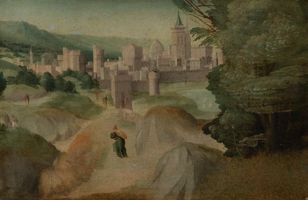 A person walks across a rocky path with a fortified, wall-enclosed town in the distance in this horizontal painting. The person wears a dark green robe and pink hood or cap, carries a yellow sack slung over one shoulder, and uses a walking stick. Boulders surge to either side of the path, and leafy green trees grow up the right side of the composition. Several swans float on a lake just beyond the trees. Painted in shades of gray, a person rides a camel just beyond a boulder to the left. Other forms painted with thin strokes of red or black could be people walking through the landscape in the distance. A city gate, the walls, and some of the buildings have crenelations. Trees nestle between hills that roll back to hazy, sage-green mountains along the horizon, which almost reaches the top edge of the painting. The sky above is muted blue.