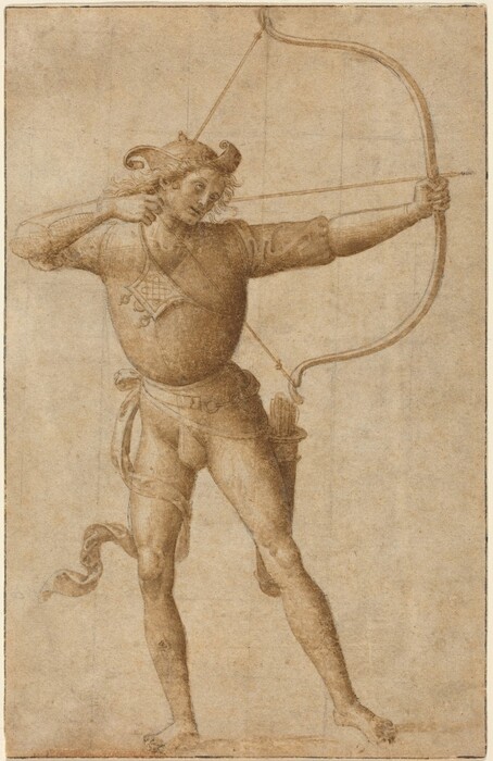 The image depicts a person in a dynamic pose, stretching a bow. The figure has wavy hair, a cap, and is wearing historical or fantasy-inspired clothing. They are seen from the side, with a quiver on their back, aiming an arrow forward.