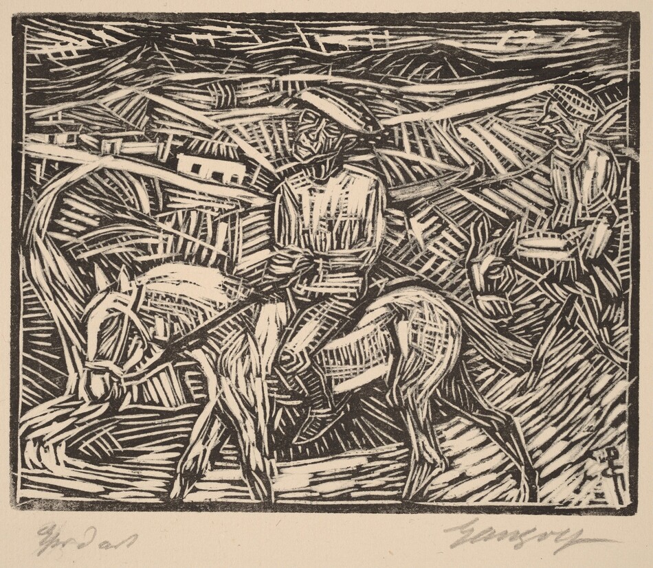 This image features bold, intersecting lines and shapes. In the center, there are angular forms resembling two figures mounted on horses. The background is filled with jagged patterns and linear textures.