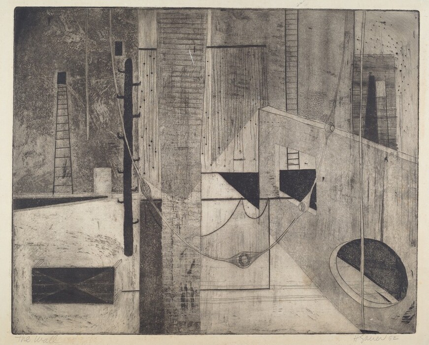 The image displays intersecting lines, rectangles, and circular forms, creating an abstract composition. Among these shapes are elongated ladders and pole-like structures, suggesting an industrial landscape or scaffolding framework. The artwork may evoke architectural blueprints with linear structures resembling platforms or beams. Curved lines are also present, similar to cables or ropes, adding tension and connection to the visual field.