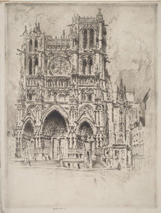 The image depicts a detailed architectural drawing of a grand cathedral, emphasizing its towering stature. The focus is on the ornate facade with elaborately carved arches, statues, and a large rose window. The drawing style includes fine, precise lines and cross-hatching to capture the cathedral's Gothic architecture. The color palette is monochrome or sepia. Steps leading up to the cathedral are visible with small human figures for scale. Smaller buildings on either side hint at a receding cityscape. The background shows a cloudy, textured sky for depth.