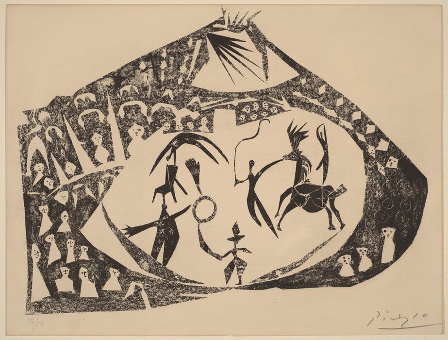 The image contains abstract shapes and lines forming an intricate composition. In the center, a figure with elongated limbs interacts with a stylized horse-like shape. Surrounding them are triangular shapes and semicircles creating an enclosing border with abstract faces and forms. Above, spiky lines burst out, adding to the sense of motion. The use of black against a beige background creates contrast and depth in the scene.