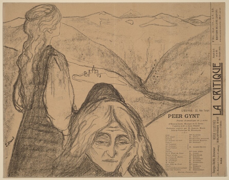 This print shows two people in front of a vast landscape filled with hills. One person is closer to us, and we see them from the shoulders up. They are turned toward us, leaning forward with a hand resting on their face. This person has long, light-colored hair that appears textured with defined waves or curls. Their face is deeply lined, with deep-set eyes, a wrinkled brow, and a thin, downturned mouth. They seem to wear a small black hat and a high-necked black garment. The other person stands behind them to the left, and they are facing away from us, looking towards the upper right corner. This person also has long, flowing hair that falls below their shoulders. They appear to have a circlet on their head, and they wear a dark dress with puffed white sleeves. In the distance, the faint shape of a building is visible in the middle of the mountains. On the right side of the print are several portions of text.
