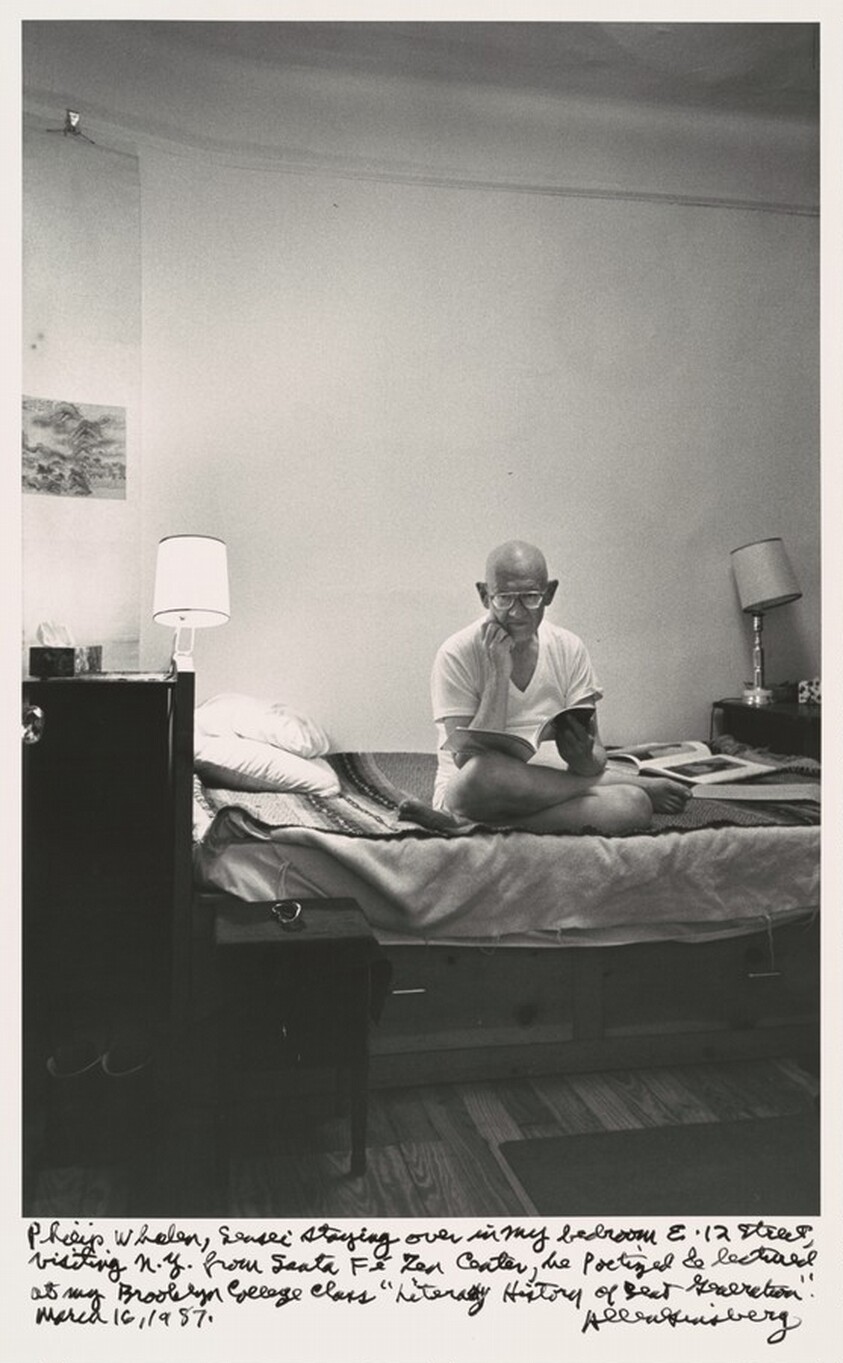 Philip Whalen, sensei staying over in my bedroom E. 12 Street, visiting N.Y. from Santa Fe Zen Center, he poetized & lectured at my Brooklyn College class "Literary History of Beat Generation." March 16, 1987.