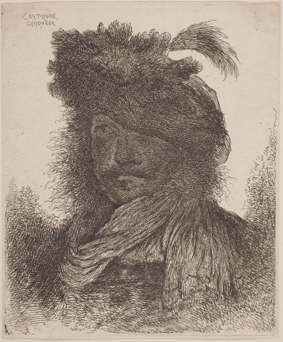 The image shows a head-and-shoulders portrait of a person facing slightly towards the left with their head tilted. The facial features are obscured by detailed etching, with the eyes and mouth faintly discernible. The individual wears a large, feathered hat dominating the upper part of the image, and extended hair or material adds to the texture. They have a shawl or cloth around their neck, with no visible jewelry or objects. The background is plain, with the inscriptions "Castiglione" and "Genovese" in the upper left corner.