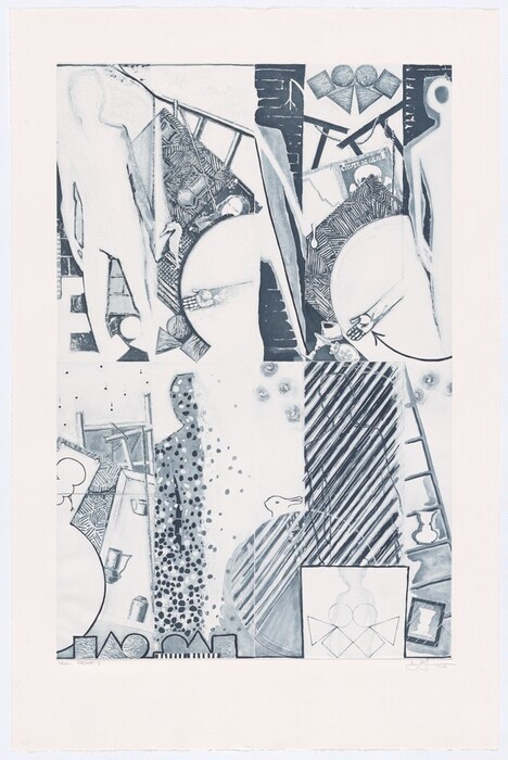 The image shows an abstract composition with shapes and lines, including circles, rectangles, and various diagonal and vertical lines. Two human-like silhouettes are visible, one at the top left and another at the bottom center. Geometric shapes, patterns, and textured sections are present throughout the image. Additionally, there are areas resembling shields or windows, a brush or canoe shape at the top center, and ladder-like elements in some parts. Curved lines and dots are also featured in the composition.