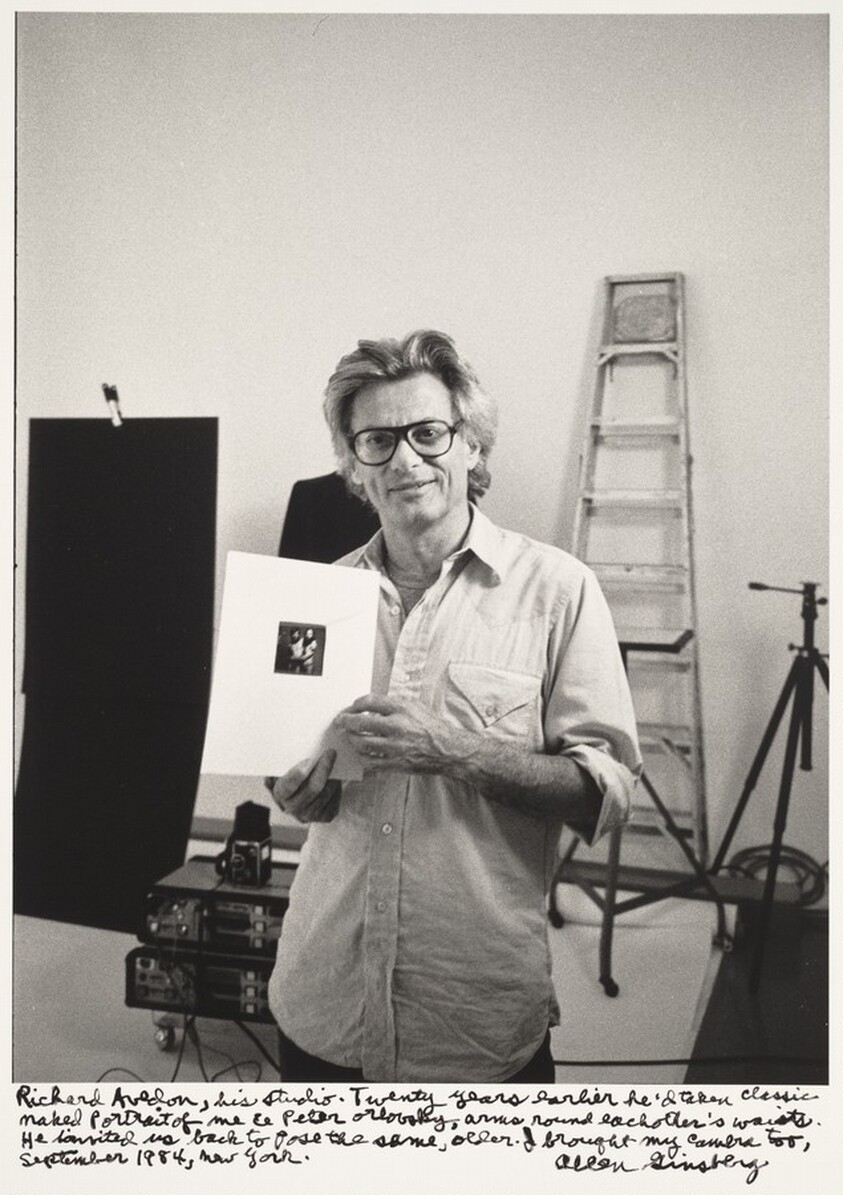 Richard Avedon, his studio. Twenty years earlier he'd taken classic naked portrait of me & Peter Orlovsky, arms round each other's waists. He invited me back to pose the same, older. I brought my camera too, September 1984, New York