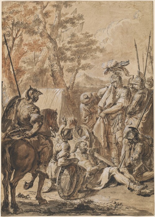 This is a drawing of a group of soldiers gathered around a fallen warrior. The scene is set in a wooded area with large trees and tents in the background. The central fallen warrior is adorned with armor and a helmet, lying on the ground, clutching a shield. Surrounding him, several other warriors, also clad in detailed armor, appear to be attending to or mourning him. The figures are detailed, showcasing intricate armor and helmets with plumes. Horses are present, one being ridden by a soldier in the foreground. In the background, trees are depicted with a delicate texture, and the sky has soft clouds. The composition conveys a sense of camaraderie and the gravity of the situation.