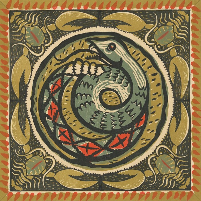 The image displays a circular composition filled with intertwining shapes and lines. There is a serpentine form that loops around in an abstract fashion. Surrounding the central figure are patterns reminiscent of decorative shields or medallions, with earthy greens, burnt oranges, and tan hues adding visual complexity. The border features repetitive abstract leaf-like shapes, encasing the main design in a framed pattern akin to an ornate tile or mosaic.