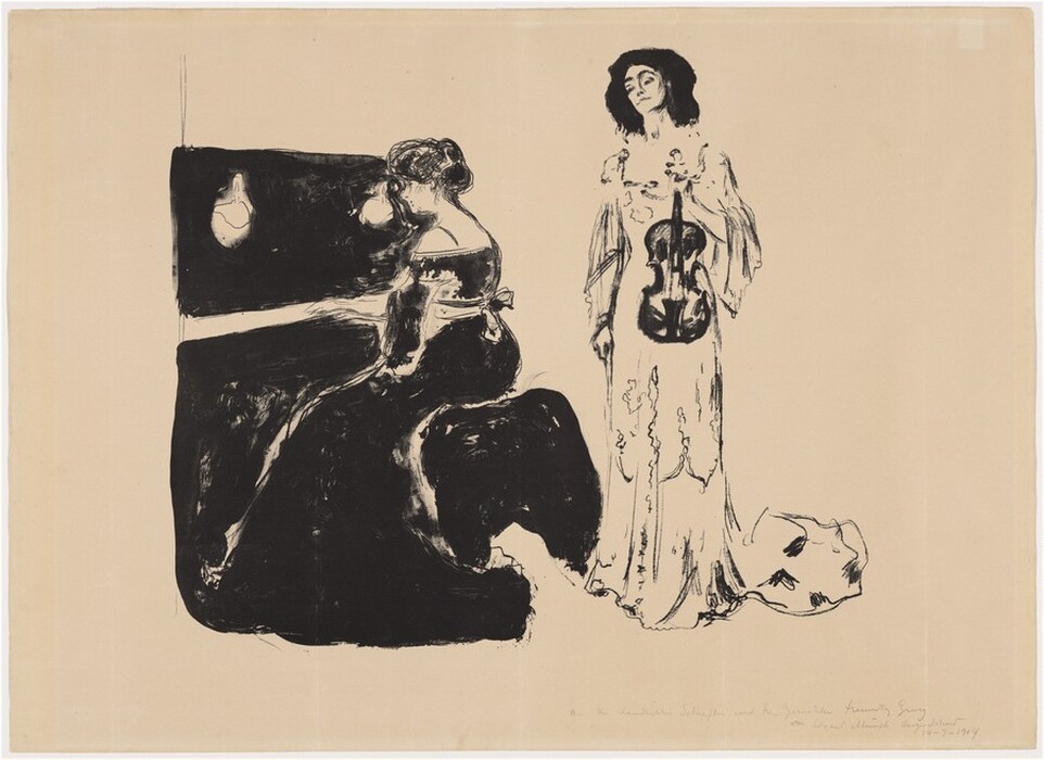 Two women are depicted in an illustration style. The woman on the left is sitting at a piano. She has her hair styled in an updo and wears a long, dark dress. The woman on the right stands holding a violin, with dark, shoulder-length hair. She wears a long, patterned dress. The background is a plain, light color.