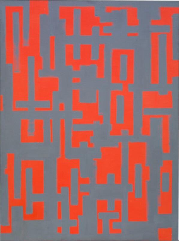 Orange-red and battleship-gray geometric forms are arranged in a loose grid in this vertical, abstract painting. Made entirely of vertical and horizontal lines, the forms are reminiscent of letters or hieroglyphs. Sometimes the red forms seem to float in front of a gray background, but then the contrast will flip so the gray comes forward, creating a subtle optical illusion.