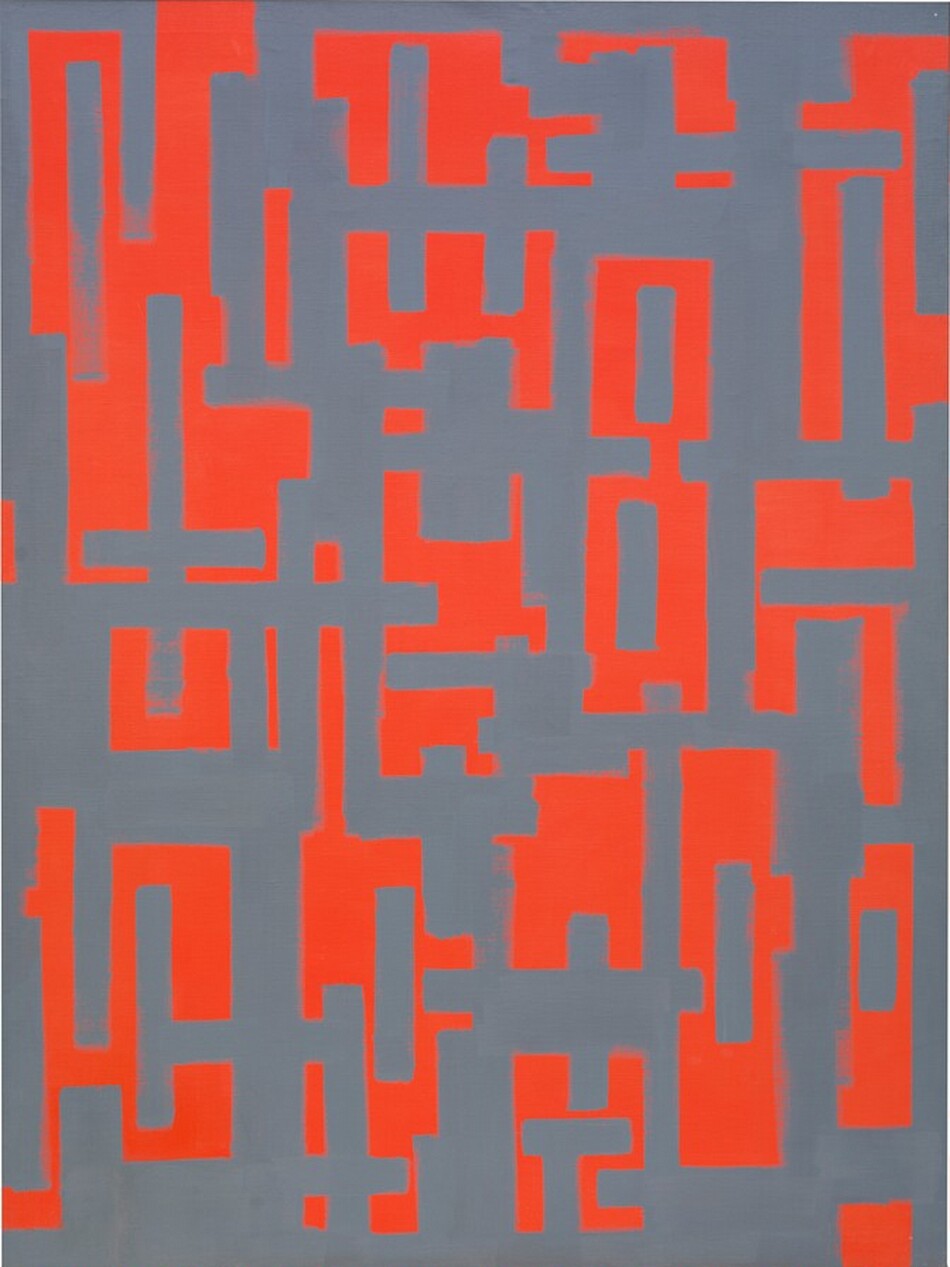 Orange-red and battleship-gray geometric forms are arranged in a loose grid in this vertical, abstract painting. Made entirely of vertical and horizontal lines, the forms are reminiscent of letters or hieroglyphs. Sometimes the red forms seem to float in front of a gray background, but then the contrast will flip so the gray comes forward, creating a subtle optical illusion.