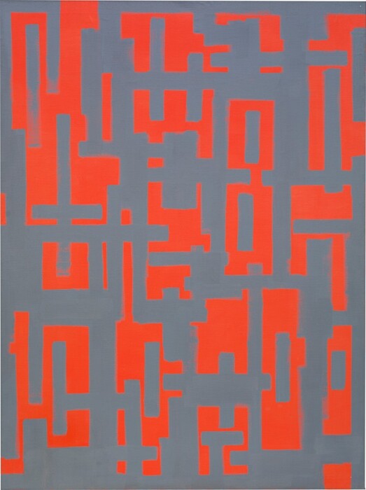 Orange-red and battleship-gray geometric forms are arranged in a loose grid in this vertical, abstract painting. Made entirely of vertical and horizontal lines, the forms are reminiscent of letters or hieroglyphs. Sometimes the red forms seem to float in front of a gray background, but then the contrast will flip so the gray comes forward, creating a subtle optical illusion.