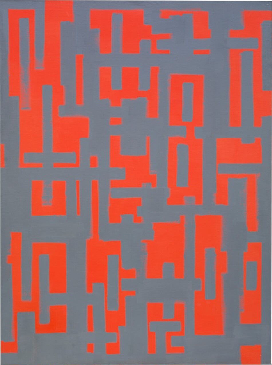 Orange-red and battleship-gray geometric forms are arranged in a loose grid in this vertical, abstract painting. Made entirely of vertical and horizontal lines, the forms are reminiscent of letters or hieroglyphs. Sometimes the red forms seem to float in front of a gray background, but then the contrast will flip so the gray comes forward, creating a subtle optical illusion.
