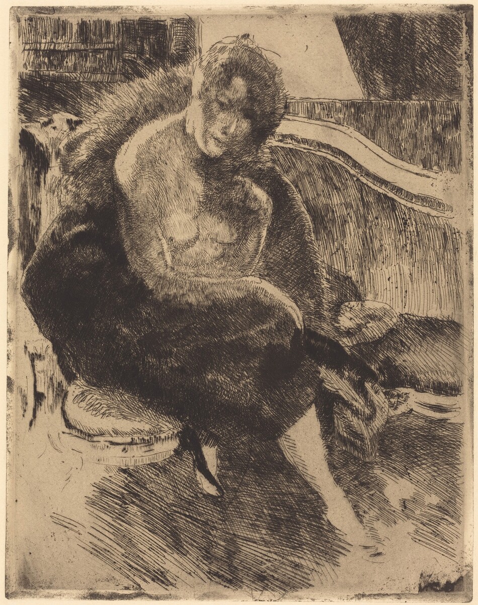 The image is an etching of a woman seated with her upper body exposed, partially covered by fur. She is sitting back with a slight slouch, head tilted downward. The soft etching technique gives her indistinct facial features with subtle lines for eyes, nose, and mouth. Her hair is tied back smoothly with shaggy ends. She appears draped in fur-like texture, sitting on a piece of furniture. The background shows linear textures, possibly representing furniture patterns and a rough, sketched quality.