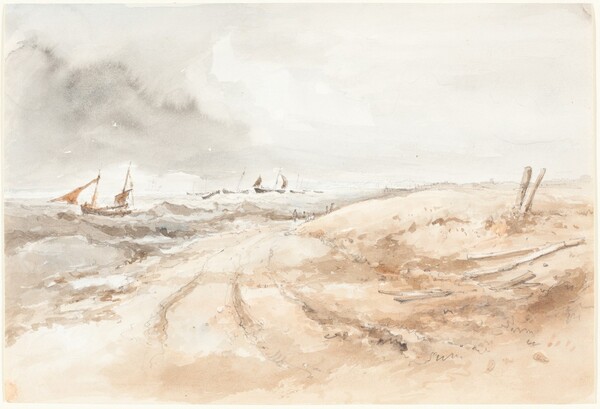 Shore Scene with Boats in Choppy Water