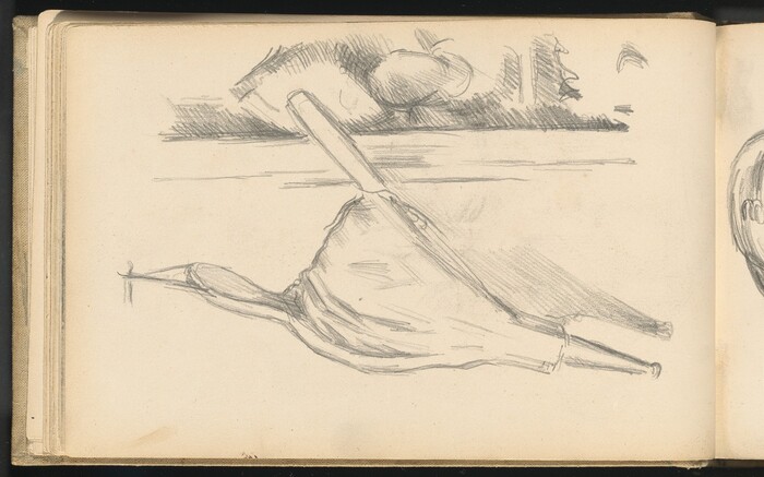 The sketch shows a large folded umbrella with a handle positioned diagonally across the center of the page. The color palette consists of pencil shades of gray. In the background are loosely sketched shapes resembling an apple and other indistinct objects. The handle is pointed upwards and slightly to the right, while the fabric of the umbrella drapes downwards towards the bottom left corner of the page.