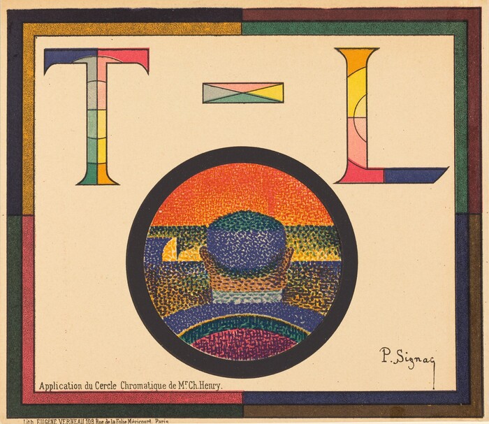 The image displays bold geometric shapes, including a large circle intersected by a T and L shape. These shapes are filled with a mosaic of colors, giving the impression of stacked colored blocks. Inside the circle, there is an abstract representation of a person in headwear facing a sunset, depicted in a pixelated or pointillist style. The border of the image consists of lines and rectangles in contrasting colors, framing the central composition. The overall arrangement resembles a stained-glass window or a kaleidoscope art piece.