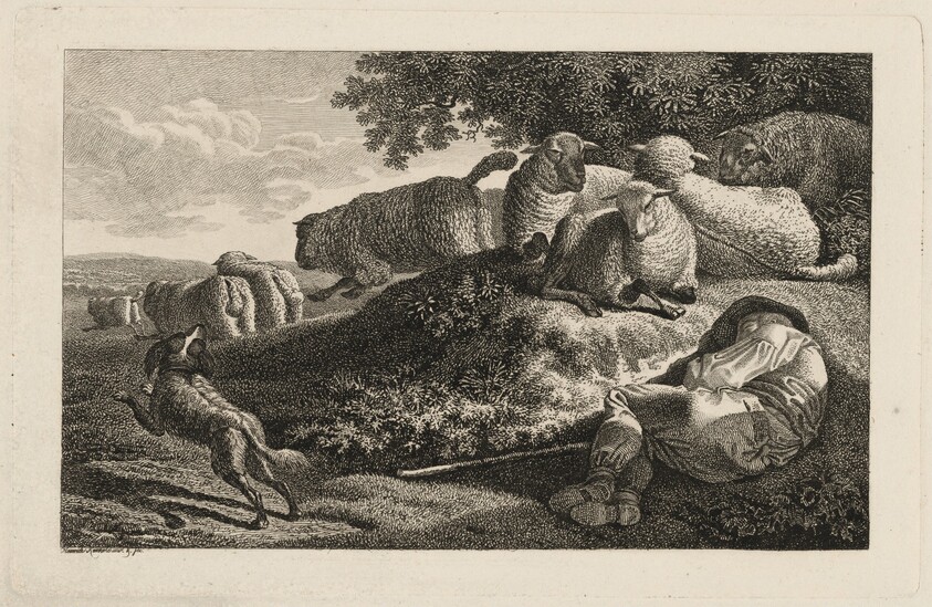 A Shepherd Sleeping while His Dog Guards His Flock