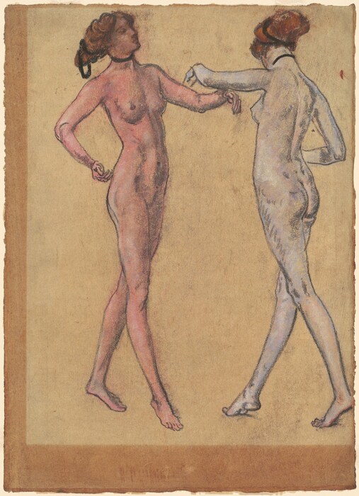 The image features two full-length figures drawn in a sketch-like style on a tan background. Both figures are standing facing each other. The figure on the left is shown in profile, with her right hand on her hip and her left arm extended outward, touching the other figure's right arm. She has reddish-brown hair styled up. The figure on the right is depicted from behind, with her right arm bent at the elbow and touching the other figure's left arm. Her left hand rests on her waist with similar styled hair. Both figures appear unclothed, emphasizing their form and posture. The background is a textured surface that emphasizes the figures.