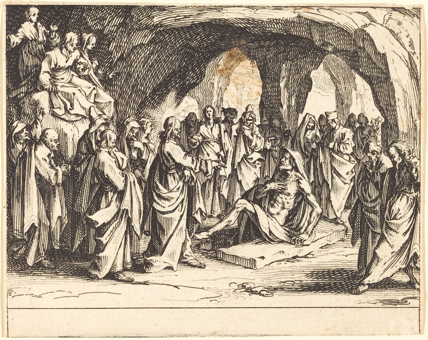 The image shows a group of figures surrounding a central figure in a cave-like setting. The central figure is seated on a cloth-covered slab while onlookers in long robes stand around them. The drawing is characterized by intricate linework and shading. The background depicts a rocky environment. The figures are tightly clustered together, with postures and gestures suggesting tension and movement.