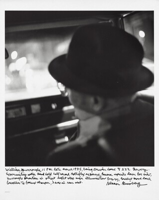 William Burroughs, 11 PM late March 1985, being driven home to 222 Bowery. Experimenting with hand held half-second Rolleiflex exposure, camera upside down for view, Burroughs phantom in street light stop sign illumination fuzzy, couldn’t move back further to focus sharper, I was in rear seat., Allen Ginsberg, 1985