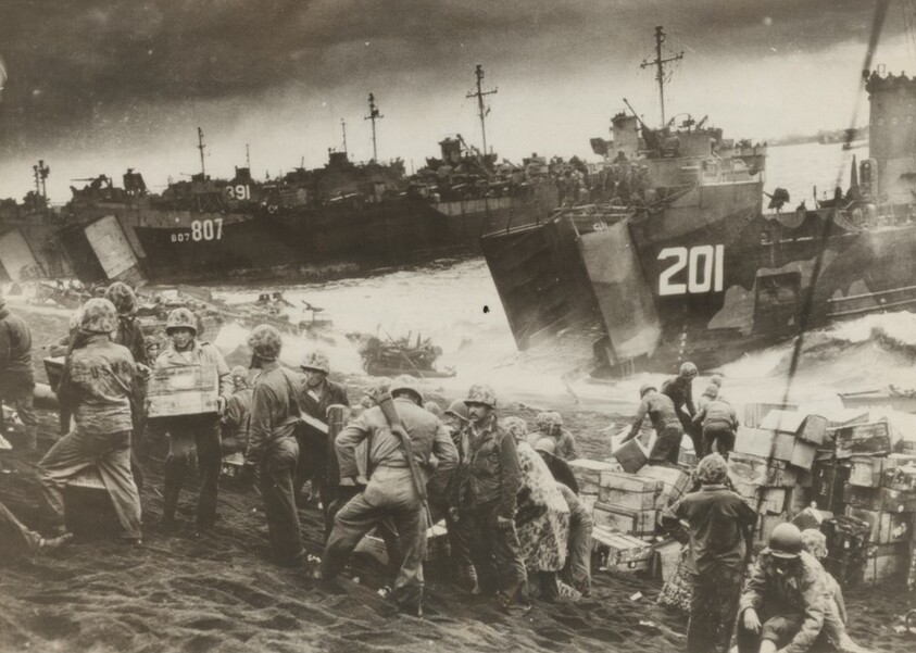 Title from caption on object: “Backing the Attack on Iwo Jima”