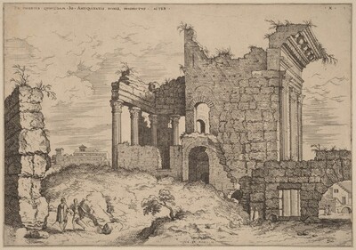 “Second View of the Forum of Nerva”. The image shows a detailed etching of ancient Roman ruins from a slightly elevated point of view.