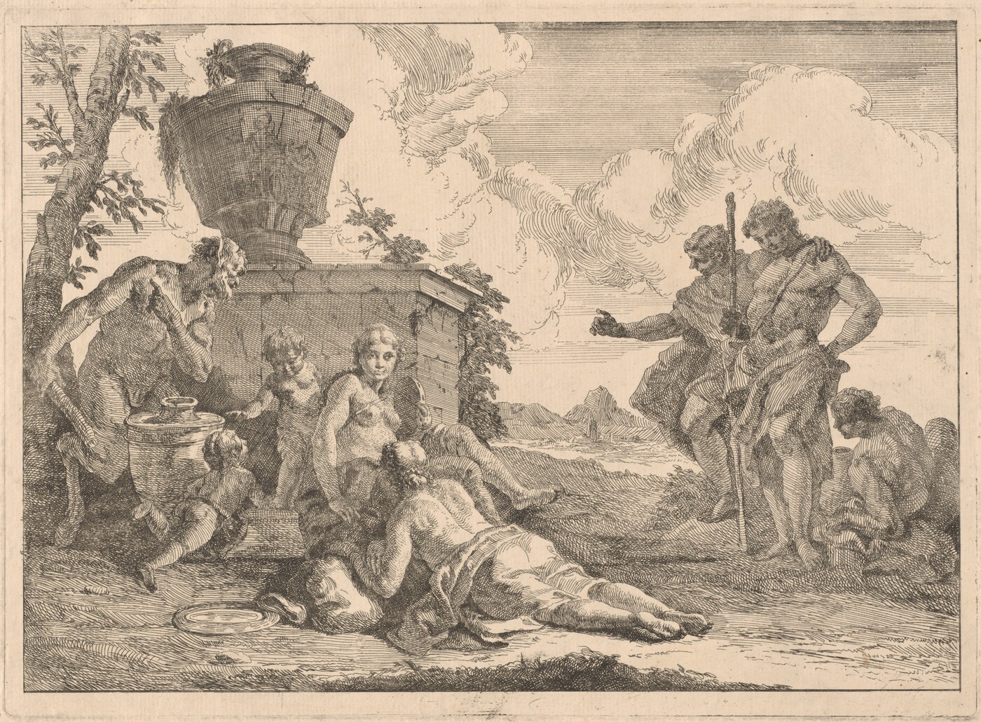 This is a drawing of a mythological or allegorical scene with architectural elements and draped figures. The drawing portrays a group of figures situated around a large urn that rests upon a stone plinth. On the left side, an elderly figure appears to be conversing with another adult figure who is sitting and holding an infant or small child on their lap. Meanwhile, the reclining figure on the ground, semi-draped, seems to be interacting with the other figures. Behind them, two figures stand, their gestures suggesting conversation. The background depicts an expansive sky with expressive cloud forms. Elements of nature, such as a tree, and slight hints of a distant landscape enhance the setting’s serene yet classical ambiance.