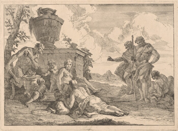 This is a drawing of a mythological or allegorical scene with architectural elements and draped figures. The drawing portrays a group of figures situated around a large urn that rests upon a stone plinth. On the left side, an elderly figure appears to be conversing with another adult figure who is sitting and holding an infant or small child on their lap. Meanwhile, the reclining figure on the ground, semi-draped, seems to be interacting with the other figures. Behind them, two figures stand, their gestures suggesting conversation. The background depicts an expansive sky with expressive cloud forms. Elements of nature, such as a tree, and slight hints of a distant landscape enhance the setting’s serene yet classical ambiance.