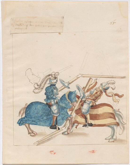 This is a drawing of two armored knights jousting on horseback. The image depicts two knights clad in detailed armor engaged in a jousting duel. Each knight is seated atop a horse, one wearing a blue surcoat and helmet with ornate plumes, while the other is in richly decorated armor with hints of gold and brown. Both horses are elaborately draped in colorful cloth matching the rider's attire. Lances are pointed towards one another, capturing movement with the dynamic pose of the animals and scattered broken lance pieces. The background is simply detailed, emphasizing the jousting interaction.