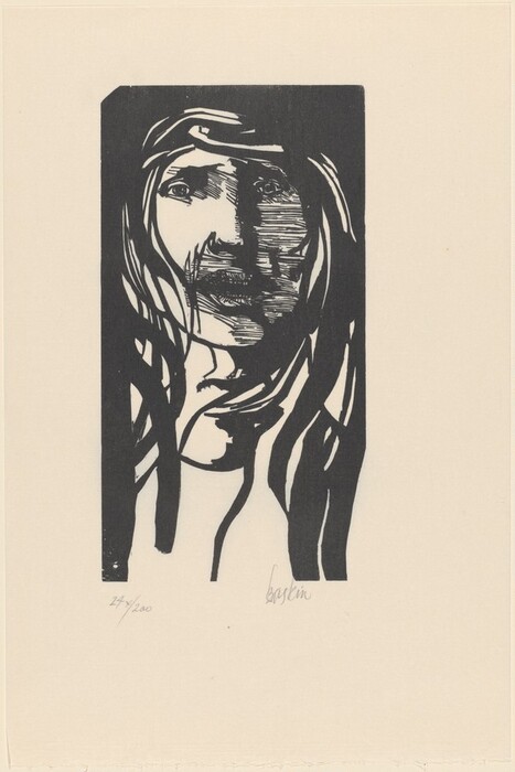 The image is a black and white linocut print depicting a person's head and upper torso. The person is shown frontally, with their head slightly turned to one side and their face central. Their facial features are stylized with deep shadows and lines. The hair is long and flowing, with wavy lines creating movement. The person's clothing is visible, blending into the background with similar line detailing. There are no visible jewelry or objects. The background is plain with a rectangle framing the person's image, contrasting with the cream-colored negative space around it.