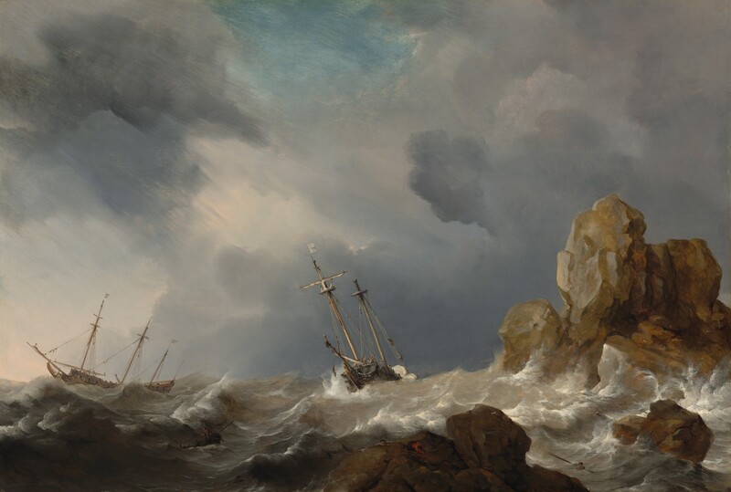 Amid the white crests of gray, churning waves, two masted ships tip wildly near a rocky outcropping beneath slate-gray and lavender-purple clouds in this horizontal landscape painting. The horizon comes a quarter of the way up the painting, and the ships are outlined against the clouds, which sweep across the sky from the lower right to the upper left corner. A patch of topaz-blue sky shines through at the top center of the painting. The long side of the three-masted ship to our left faces us and flags, possibly white with red stripes, fly from two of its masts. The ship at the center of the painting is angled toward us and a single white flag with a red cross flies from one of its two masts. Tiny in scale, people are gathered on the decks and climb the rigging alongside the masts. On the boat at the center, one person hovers overboard, perhaps holding onto a rope or shown falling to the sea. Foamy waves lap at the tall, jagged rock formations to our right, which jut out of the ocean like teeth. The largest boulder, near the right edge of the painting, is painted with tones of golden tan and silvery gray, suggesting it catches sunlight. The lower rocks, closer to us, are in shadow and painted coffee brown and iron gray. Upon closer inspection, two people climb onto the jagged rock closest to us. More scrutiny reveals several people in a rowboat and two men in the water around the rocks. A few birds, minuscule against the waves, fly over the rocks.