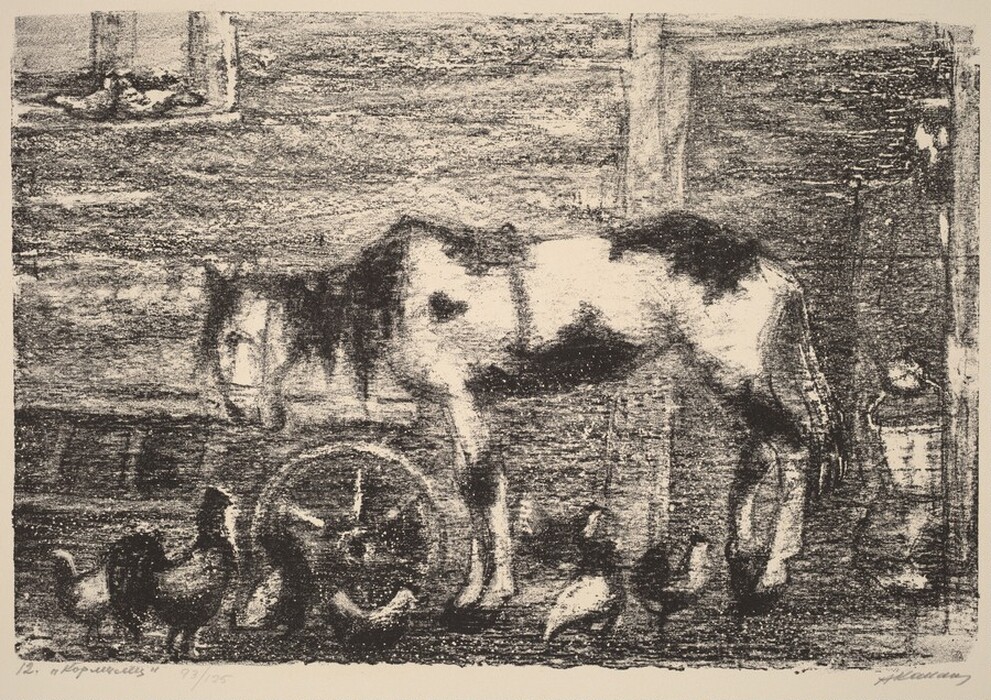 This is a drawing of a horse in a barn with several chickens and a wheel. The scene is depicted in black and white, emphasizing texture and shadow. The horse stands next to a wooden wheel and is surrounded by chickens. The barn's interior is sketched out, focusing on the interactions between the animals. The rough textures suggest a sense of rural life.