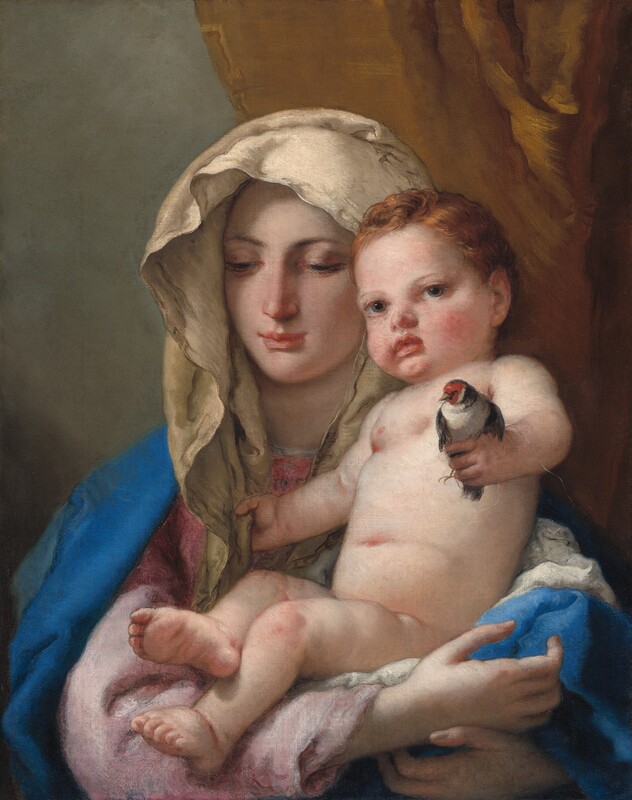 Shown from the chest up, a young woman faces us holding a nude baby in her arms in this vertical painting. They both have pale, peachy skin with pink cheeks. The woman has an oval face with a thin nose, and her coral-pink, bow mouth is closed. She looks down and to our left with dark eyes under arched brows. Her hair is covered by a bone-white veil, and an azure-blue mantle is draped over her rose-pink robe, which is a darker pink at the shoulders. She cradles the plump child in her crossed arms. The baby has short, wavy, copper-red hair framing a round, flushed face with a button nose, peach lips, and hazel eyes that look at us. He holds a bird in his left hand, on our right. The bird has an off-white body with charcoal-gray wings and neck, and a strawberry-red face. The baby grasps one end of the woman’s veil with his other hand. The background is concrete gray to our left, and the right half is covered by a ginger-brown curtain.