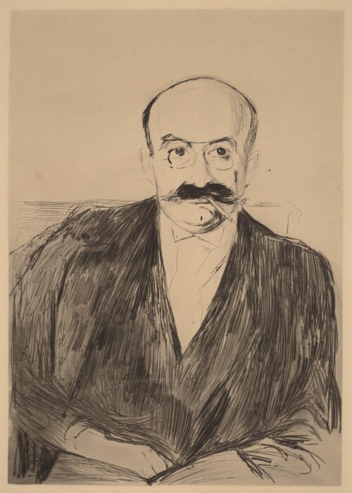 The image is a portrait sketch showing the upper half of a man's body. The man is depicted seated with his hands resting in front of him. He has a bald head with short hair on the sides, bushy eyebrows, and a large mustache. The man's expression is neutral, with wide eyes. He wears a dark suit jacket, a light-colored shirt, and a bow tie. He has a monocle on his right eye and is holding a cigarette in his mouth. The background is plain and unadorned.