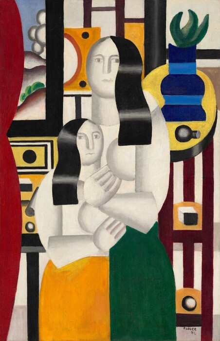 A woman and girl stand together in an embrace in the center of a colorful interior in this stylized vertical painting. The bodies of the women are made up of geometric spherical, conical, or columnar forms. Their skin and torsos are chalk white shaded with gray. To our left, a field of marigold yellow suggests a skirt on the girl. The woman, to our right, has a pine-green skirt. For each one, their hair is indicated by what looks like a shiny strip of black, curved like broad finger waves to cascade down one side of their heads and faces. Light glints horizontally on the bent areas, like vinyl. Both have round eyes under curved brows, straight noses squared off at the bottom, and squiggles for their mouths. Their bodies are angled toward each other. The background is made up of black and burgundy-red horizontal and vertical lines and flat geometric forms to suggest shelving with objects, including a blue vase and spiky green plant around a window or painting, framed in black, to our left. A shallowly curving, cranberry-red form up the left edge suggests a curtain. The artist signed and dated the lower right, “F.LEGER 22.”