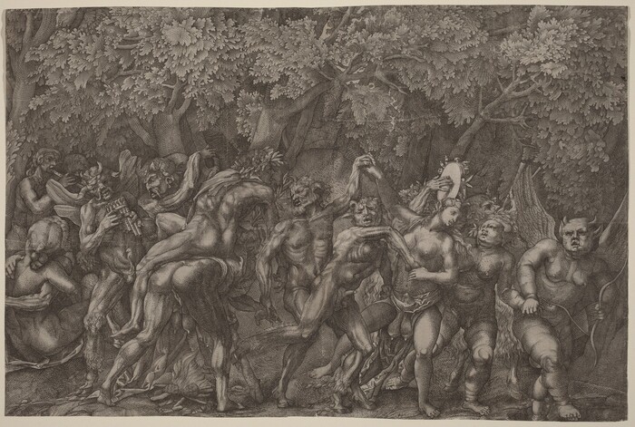 This is a drawing of a mythological scene in a dense forest. The image shows various fantastical creatures and characters engaging in lively activity surrounded by intricate tree foliage. The scene features muscular figures playing instruments and dancing, set against a detailed backdrop of trees. The figures' anatomy and the texture of leaves are emphasized through line work and shading, creating a complex visual narrative.