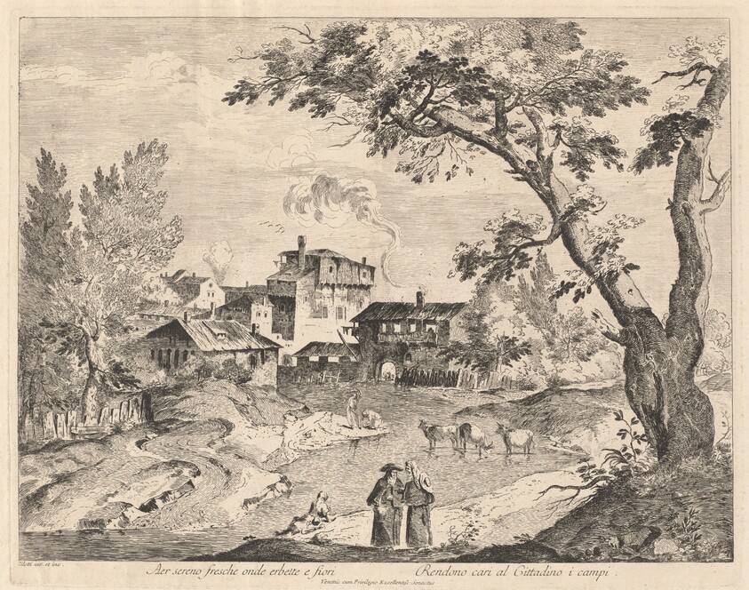 Rustic Village along a River with Travelers