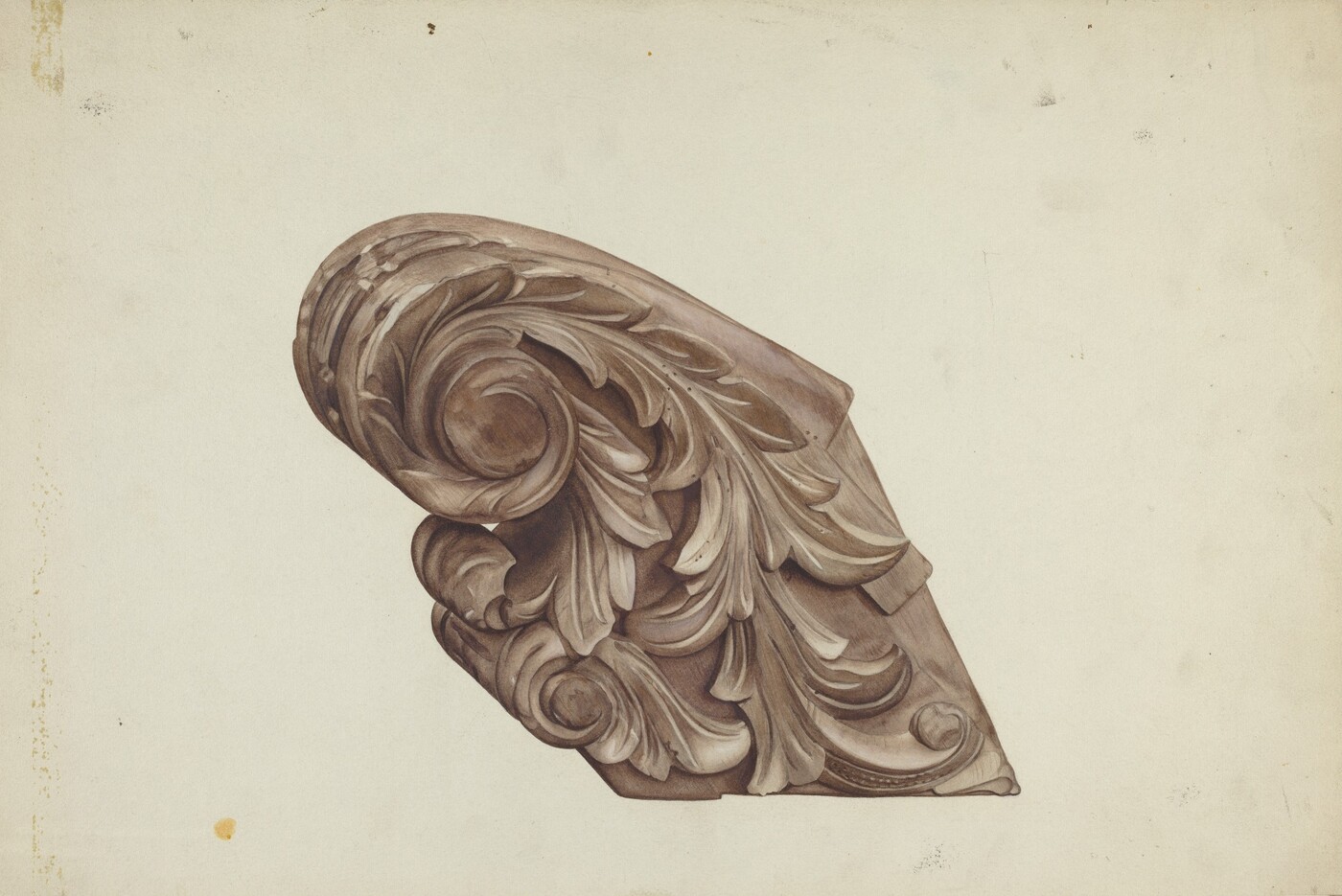 The sculpture depicts intricate carvings of ornamental acanthus leaves arranged in a swirling pattern. The leaves exhibit graceful curves and overlap each other, creating a sense of movement and fluidity. The sculpture is rendered in a brown hue, giving it an appearance of wood material. The swirling motif extends to form a conical shape, providing an organic yet symmetrical look. The overall design is detailed and ornate, resembling classical decorative elements found in architecture or furniture design. The sculpture seems carefully crafted and meant to be viewed from the side to appreciate the curvature and carvings.
