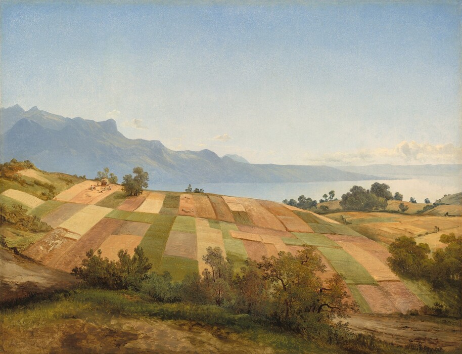 We look out over a patchwork of cultivated fields that slope down to our right and back to an ice-blue lake in this nearly square landscape painting. Rectangular fields fill the lower half of the composition in fern green, caramel brown, and golden tan. Sage-colored trees and bushes with dark brown trunks and branches separate the strip of grassy earth closest to us from the fields just beyond, and are scattered like tufts through the landscape. A rocky, slate-gray mountain brushed with lime-green trees that rises along the left edge of the canvas curves around a wedge of the arctic-blue lake. A few wispy cream-white clouds line the horizon, which comes about halfway up the composition.