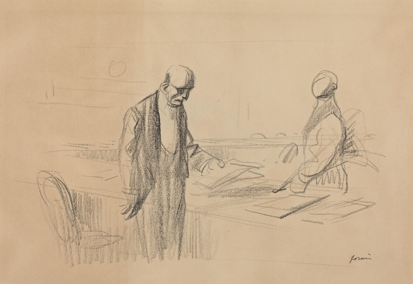 This is a drawing of two figures interacting in a room. The figures are shown in a simple, sketch-like style with minimalistic lines and shading. One figure stands closer to the viewer with a slightly hunched posture, while the other figure is positioned further back. They are engaged in an activity that suggests examination or discussion, as one reaches towards or points at a surface or document. The background includes light lines indicating furniture or architectural elements, enhancing the indoor setting. The sketch captures a moment of interaction, focusing on gesture and posture.