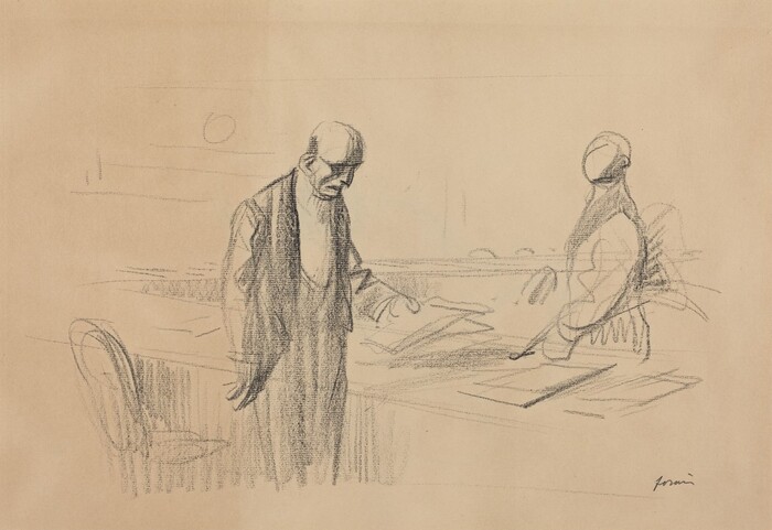 This is a drawing of two figures interacting in a room. The figures are shown in a simple, sketch-like style with minimalistic lines and shading. One figure stands closer to the viewer with a slightly hunched posture, while the other figure is positioned further back. They are engaged in an activity that suggests examination or discussion, as one reaches towards or points at a surface or document. The background includes light lines indicating furniture or architectural elements, enhancing the indoor setting. The sketch captures a moment of interaction, focusing on gesture and posture.