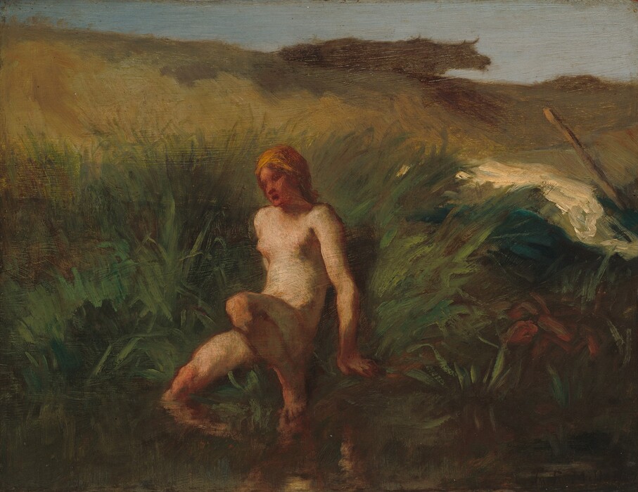 A nude, pale-skinned woman sits on a grassy bank and extends one leg into the water in this loosely painted, horizontal composition. Her small breasts are bare, and the arm we see has some muscular definition. At the center of the painting, the woman’s body is angled to our left, and she looks down in that direction. Her skin is pale on her torso and upper arms and legs and deepens to reddish brown on her face, hands, and lower legs. Her hands are planted by her hips, and her left knee is sharply bent to support her weight near the water’s edge. Her other leg reaches into the water up to the knee. Tall grasses around her are loosely painted as is a golden brown hill that nearly reaches the top edge of the panel. The silhouette of a cow is outlined against the sliver of pale blue sky in the uppermost sixth of the painting. The artist signed the lower right corner, “JF Millet.”