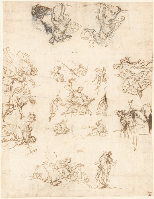 This is a drawing of various sketched figures in dynamic poses. The artwork consists of multiple lightly drawn figures and forms, dispersed across the paper in a seemingly random arrangement. These sketches appear to display flowing robes and suggest movement or action. The delicate lines and curves convey fluidity and a sense of liveliness.