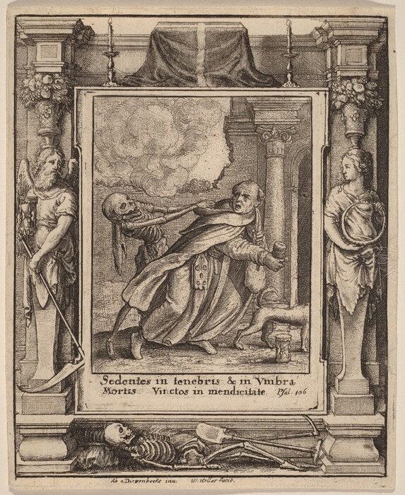 This is a drawing of a scene with allegorical elements involving death and time. In the center, a skeletal figure grasps the arm of a robed figure. The background features swirling clouds and classical architectural elements. On either side, two standing figures are shown, one holding an hourglass and scythe and the other holding a circle or wreath. At the bottom, a skeleton lies with a shovel. The composition is framed by ornate architectural motifs with Latin text below.
