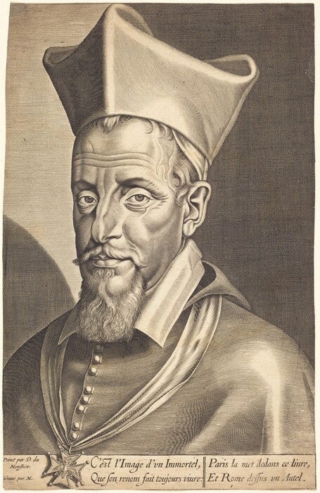 The image shows a bust-length portrait of a man facing forward. He has a prominent brow, piercing eyes, a pointed beard with a mustache, and his hair is covered by a pointed cap. The man is wearing a robe with a wide collar and intricate button details, along with an elaborate necklace. The background features a textured pattern.
